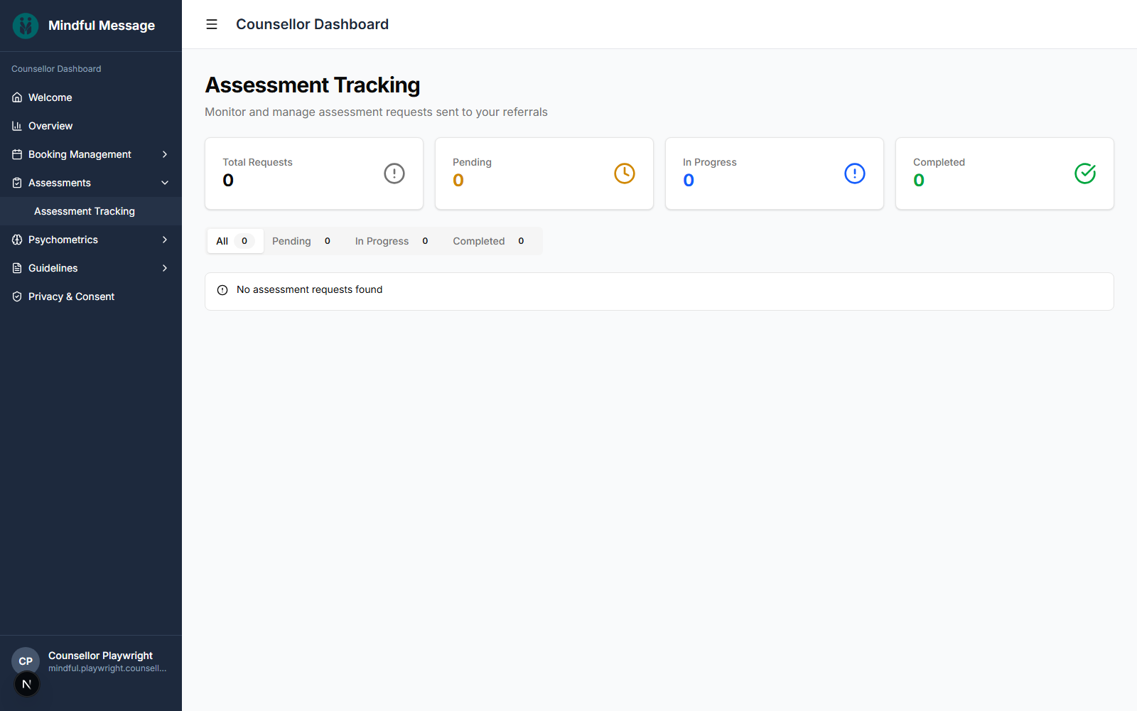 Counsellor assessment request workflow showing sample client context and wellbeing measures