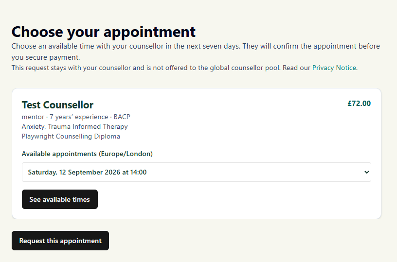 Client booking page showing a practitioner and available appointment times