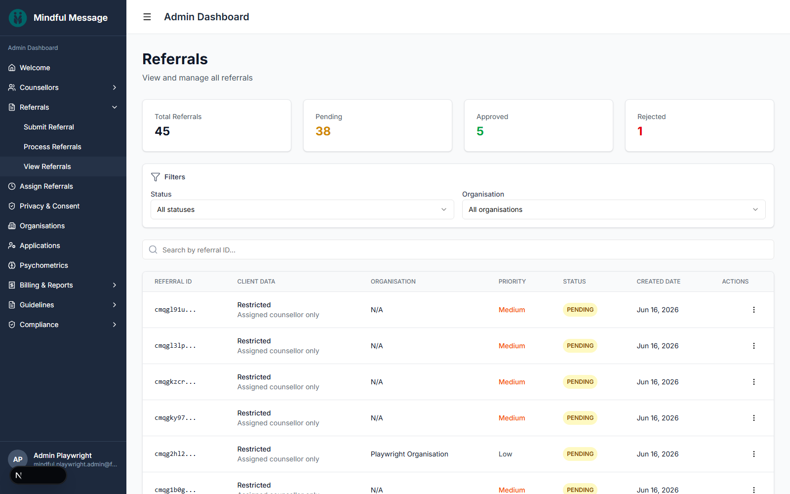 Platform admin referral queue showing sample referral records, allocation, and restricted status detail
