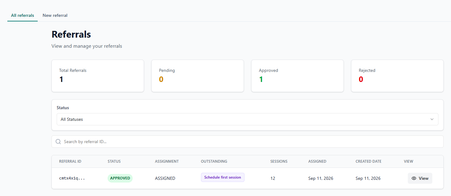 Organisation referral list populated with example referrals and next actions