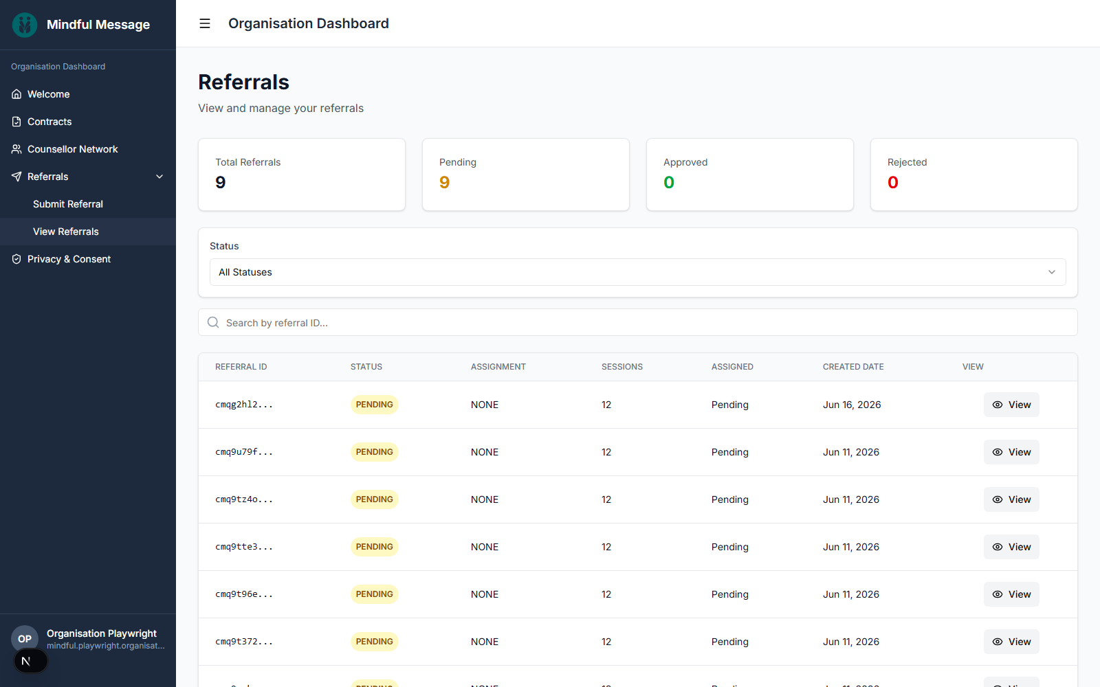 Organisation referral operations screen showing sample referral records and status visibility